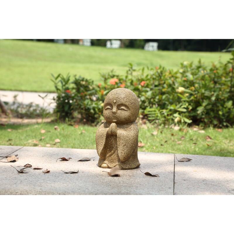 Lucky Japanese Jizo Praying Outdoor Garden Statue - 10.25" - Brown