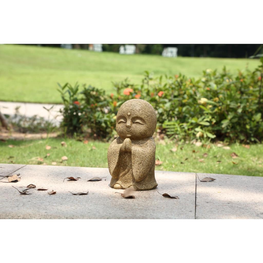 Lucky Japanese Jizo Praying Outdoor Garden Statue - 10.25" - Brown