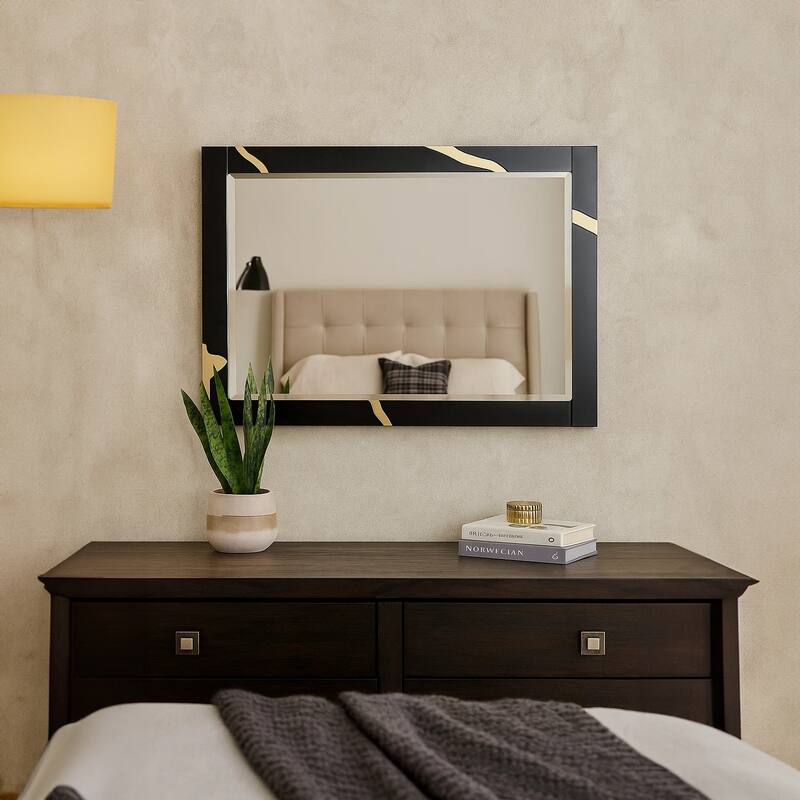 Goldie Dresser Mirror, Beveled Glass, Gold and Black Solid Wood, 35x52 - Black, Gold