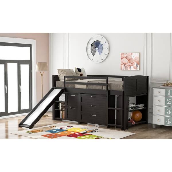 slide 2 of 60, Twin Low Loft Bed with Slide, Drawers & Guardrails - Solid Wood Espresso