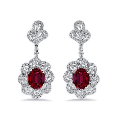 Auriya 5 3/4ct Fancy Oval-cut Red Ruby Halo Diamond Drop Earrings 2ctw 18k Gold