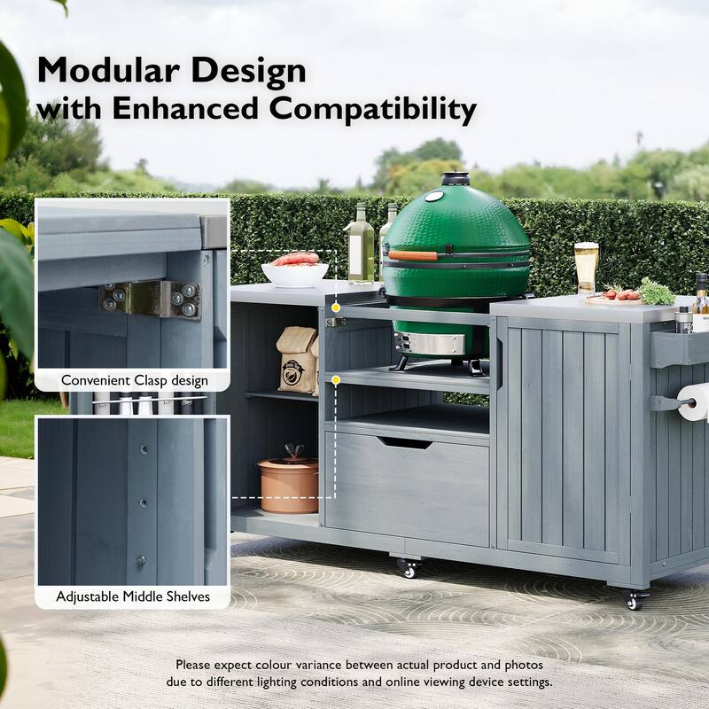 66.5" Kitchen Island Grill Cart for Big Green Egg & Kamado Joe, Solid Wood Cart with Stainless Steel Top, Drawer for Dining Room