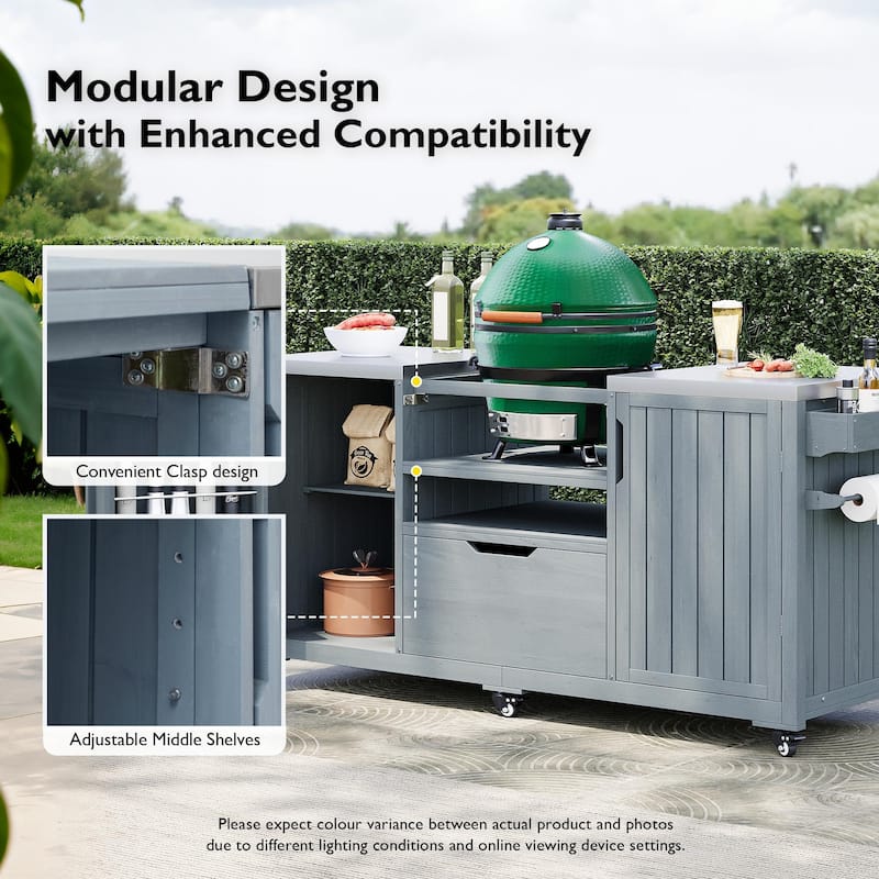 66.5" Outdoor Kitchen Island for Big Green Egg Grills, Solid Wood Outdoor Grill Cart