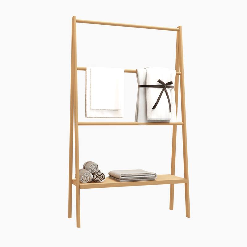 Bamboo Ladder Towel Rack with Storage Shelf Entryway Bench with Coat Rack Stand and Shoe Rack