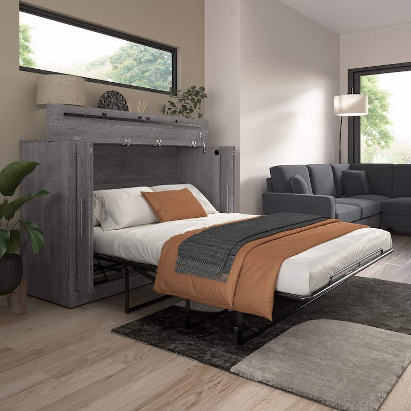 Bestar Pur 75W Queen Size Murphy Cabinet Bed with Mattress - Bark Grey