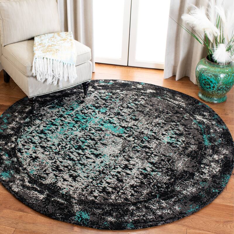 SAFAVIEH Classic Vintage Boho Milyonka Distressed Oriental Cotton Rug - 6' Round - Navy/Teal