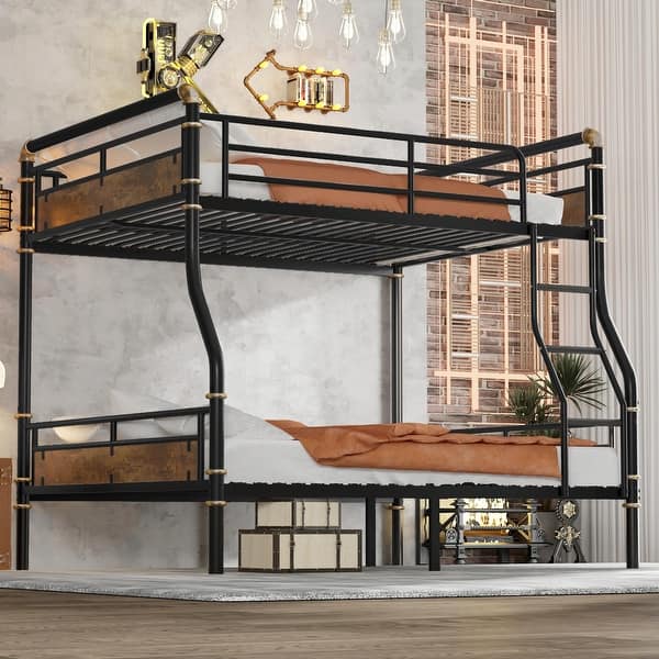 slide 2 of 26, Metal Bunk Bed, Industrial Detachable Bunkbeds with Safety Guard Rails for Teens Black - Full XL over Queen