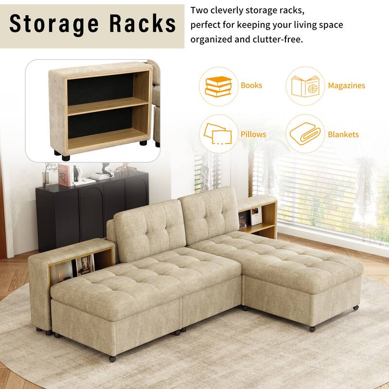 121.2" Versatile Modular Sofa Bed, Brown, Chenille Upholstery with Two Storage Racks