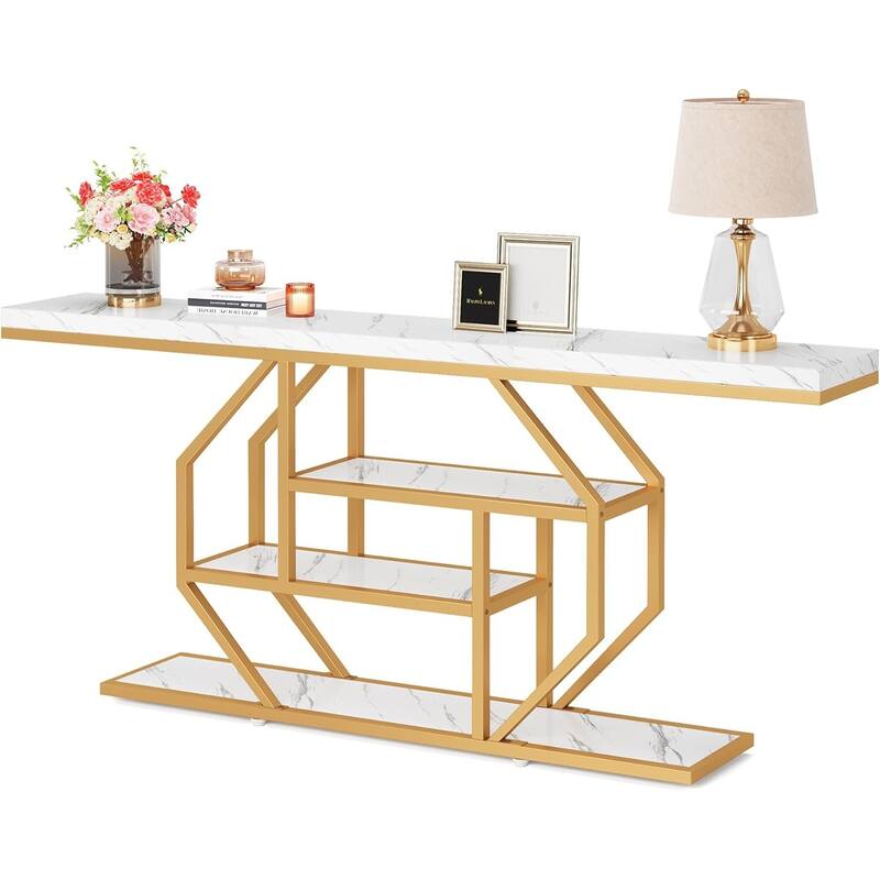 70.9" Extra Long Console Table, Modern Gold Sofa Table Behind Couch with 4-Tier Storage, Faux Marble White Entryway Accent Table