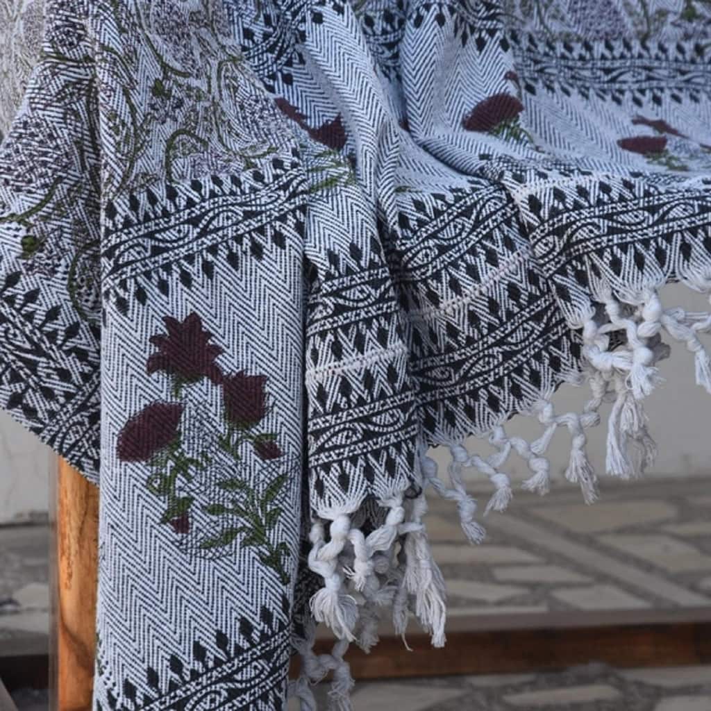 Fabdivine Meraki Handcrafted Cotton Bed Throw - Traditional Block Print Blanket for Bedroom & Living Spaces with Fringe, 90"x54"