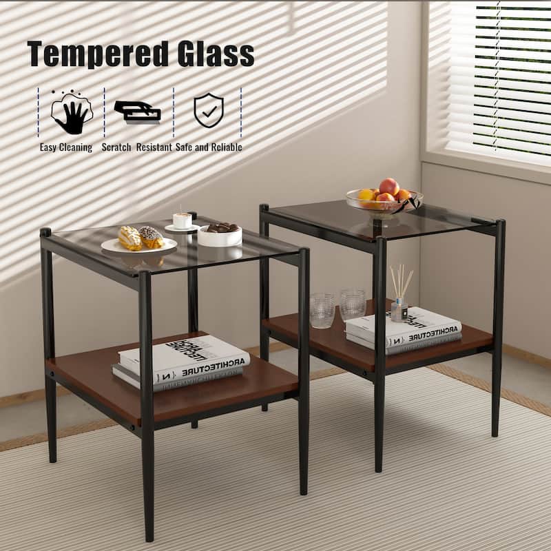 3-Piece Set, Modern Coffee Table Tempered Glass Coffee Table with 2-Tier Storage Shelves, for Living Room