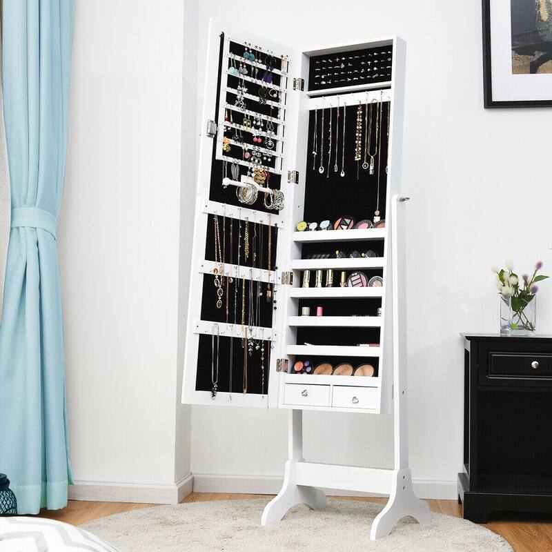 Costway Mirrored Jewelry Cabinet Storage Organizer Box Drawers White