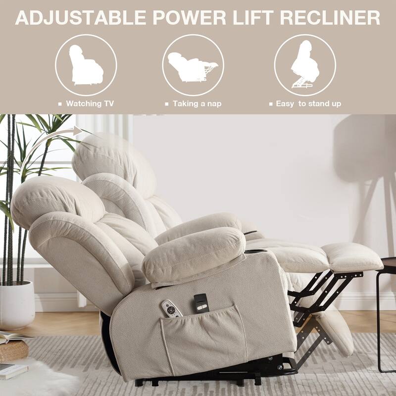 Power Lift Recliner Chair with Heat and Massage for Elderly with USB and Side Pockets
