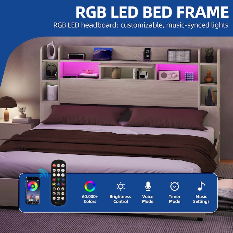 Queen/King Size LED Bed Frame with Bookcase Headboard, 4 Storage Drawers and Charging Station