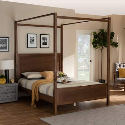 Modern Walnut Brown Wood Platform Bed - Low Profile Bed Frame for Bedroom - Sturdy Construction