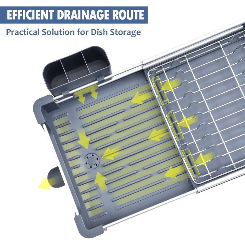 Dish Drying Rack for Kitchen Counter, Extendable Dish Rack with Drainboard
