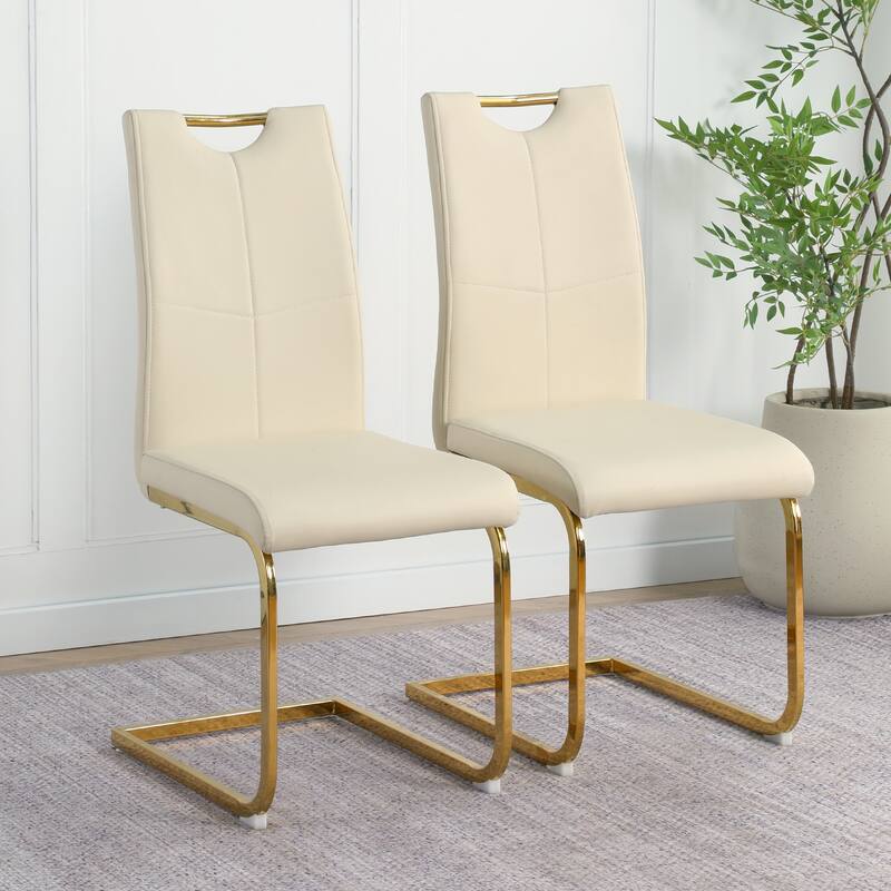 Modern PU Dining Chair, Living Room Chair Upholstered Chair With Gold Metal Legs Design For Kitchen (Set Of 2) - Light Yellow