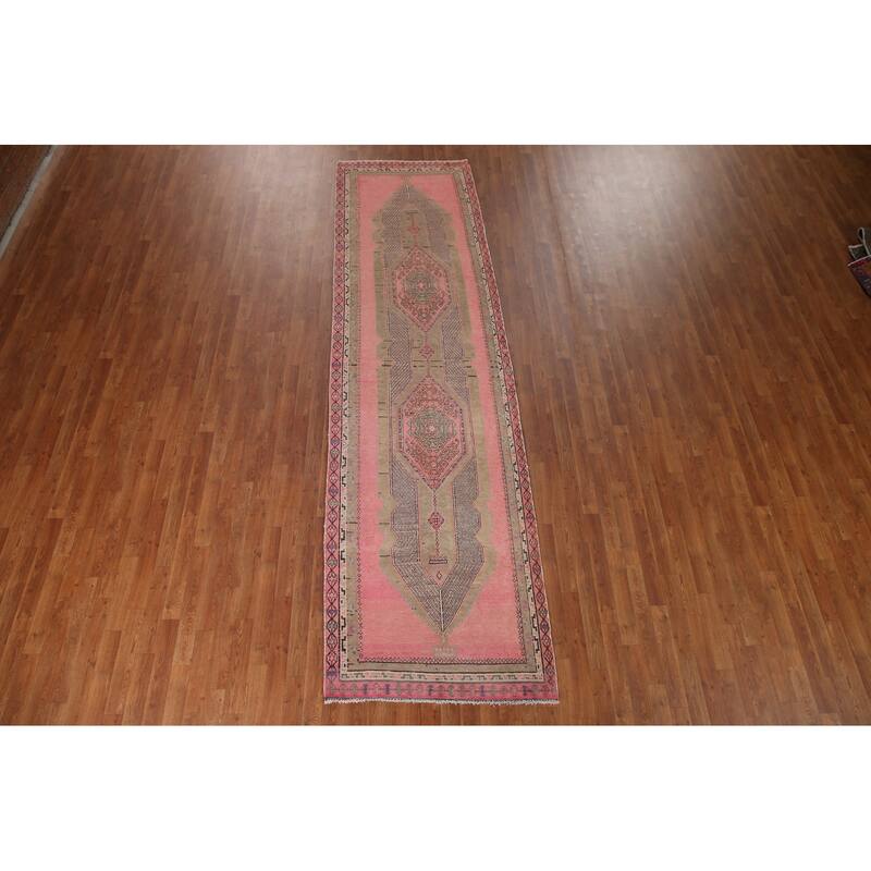 Pink Geometric Sirjan Persian Runner Rug Vintage Handmade Wool Carpet - 3'4" x 12'3"