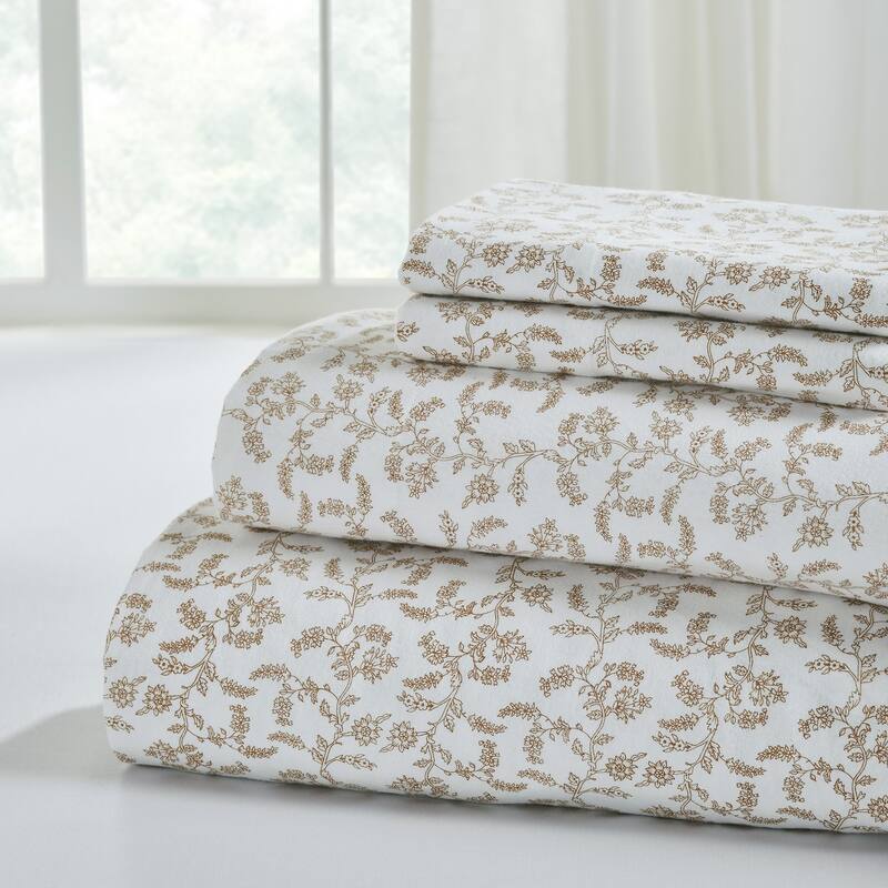 Modern Threads 4-Piece 100% Cotton Flannel Sheet Set - Soft, Durable, Perfect for All Seasons - White/Taupe - Full
