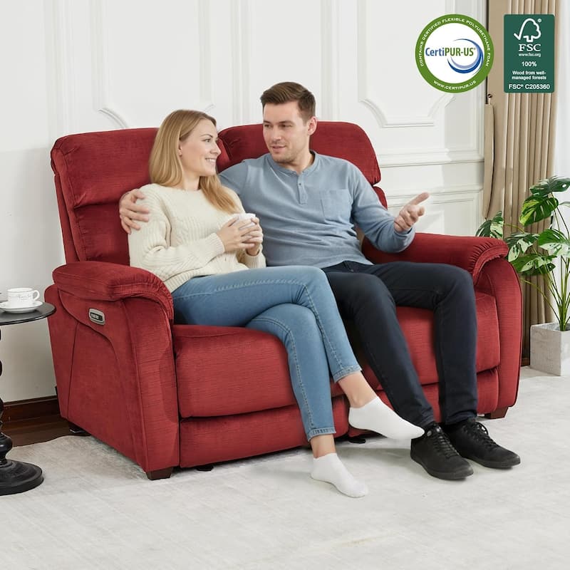MCombo 61.6'' Wall Hugger Power Loveseat Recliner Sofa with Adjustable Headrest and USB A & C Charge Ports - Red - Loveseat