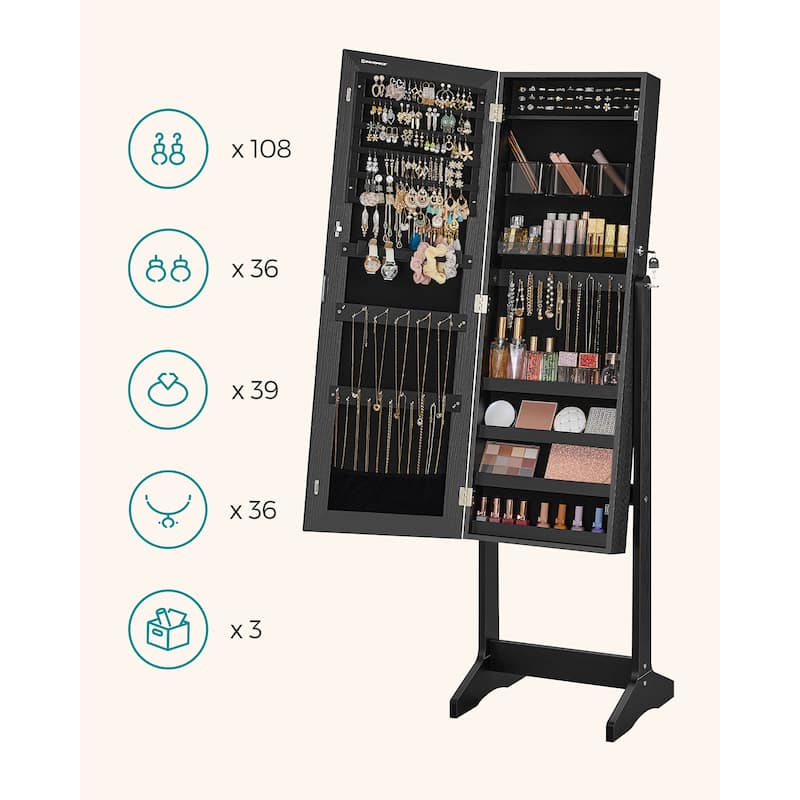 Black MDF Jewelry Cabinet Full Length Mirror 2 in 1 Organizer Storage Shelves Lockable - 16.2"L x 14.4"W x 59.8"H