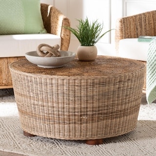Hosanna Natural Rattan Coffee Table - Handwoven Wicker Accent Table with Textured Spiral Top for Living Room