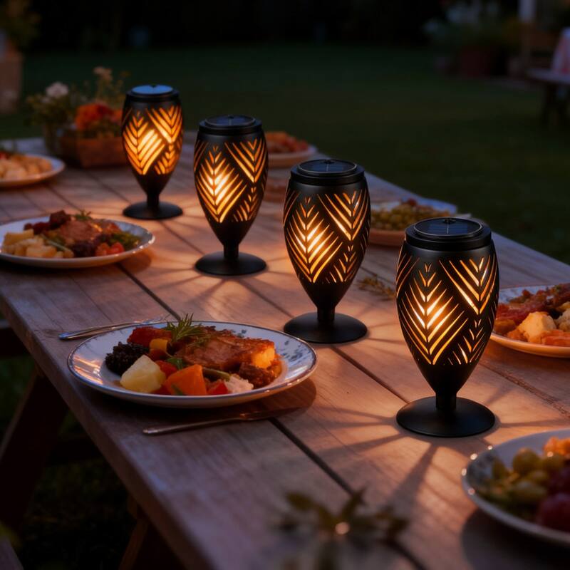 Glitzhome 8.75"H Set of 2 Black Metal Cutout Geometric Pattern Solar Powered Outdoor Lantern with LED Light