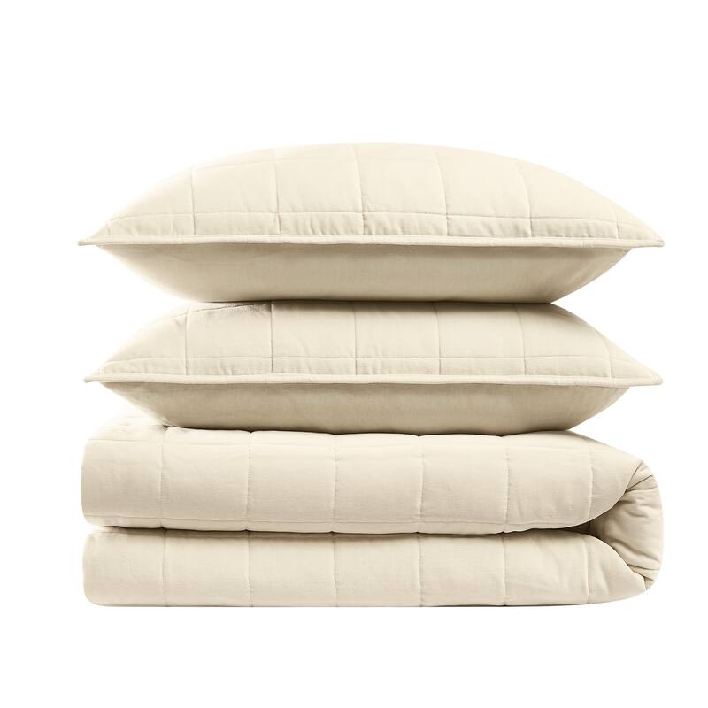 Brooklyn Loom Matte Cotton Velvet Box Stitch Quilt Set - Off-White - Twin - Twin XL - 2 Piece