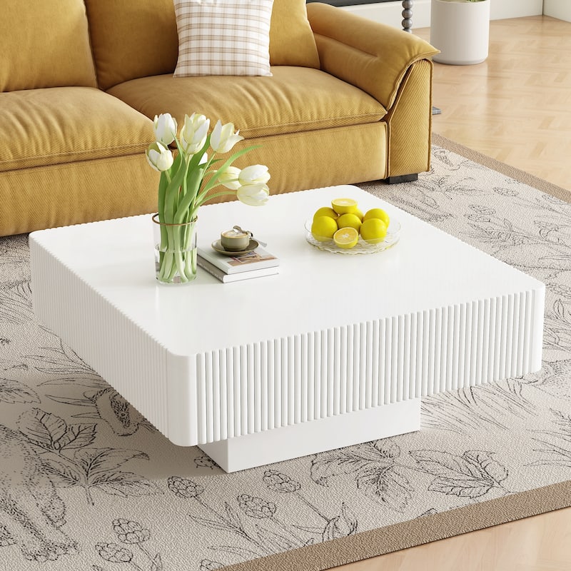 31.6" Elegant Square Fluted Coffee Table with 7.1" Thick Tabletop - White