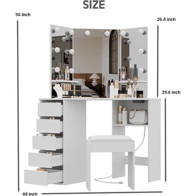 Corner Vanity Desk with Lighted Mirror and Stool, 5 Drawers, Charging Station