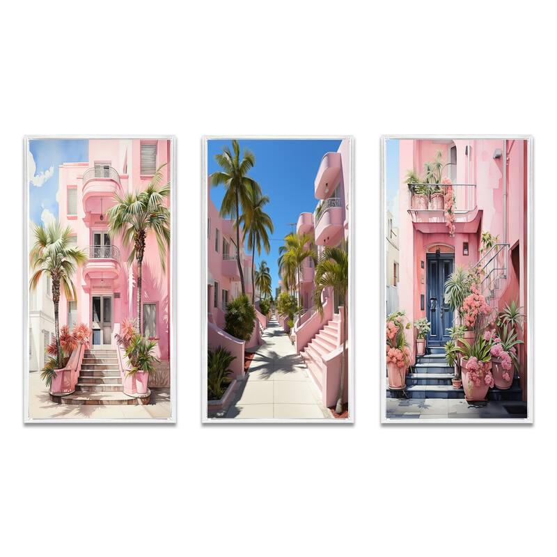 Designart "Pink Miami Artful Facades II" Floral Framed Wall Art Set Of 3 Frame Canvas Set For Living Room Decor