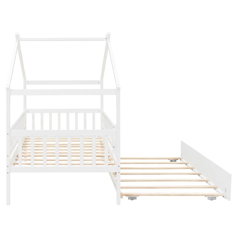 Twin Size Wooden House Bed with Twin Size Trundle