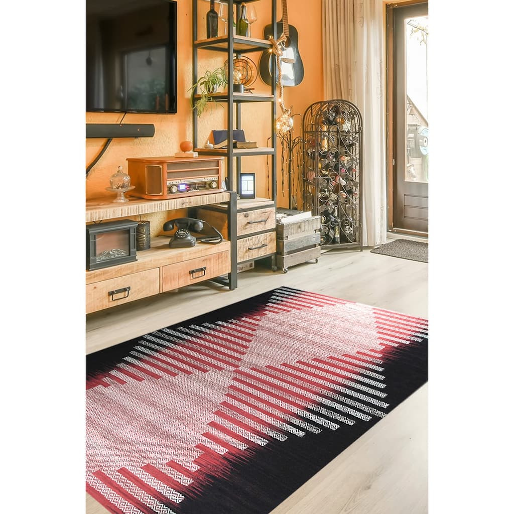 Red/Black Modern Transitional Flat Weave Area Rug, Stylish Handwoven Texture for Living Rooms or Bedrooms - L