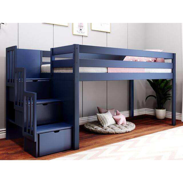 JACKPOT Contemporary Low Loft Twin Bed with Stairway and Tent