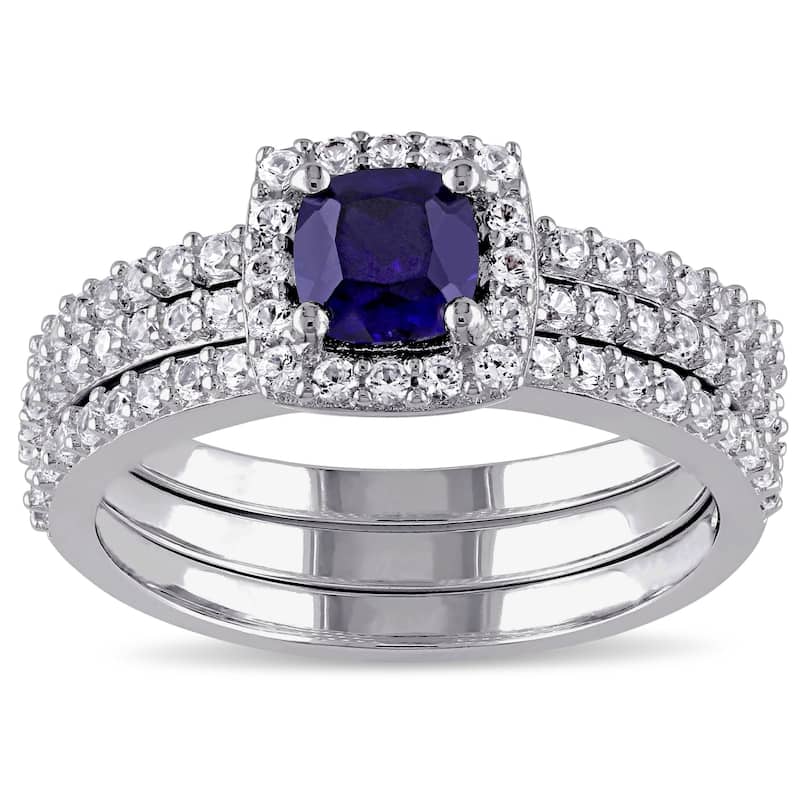 Miadora Sterling Silver Created Blue and White Sapphire Bridal Ring Set