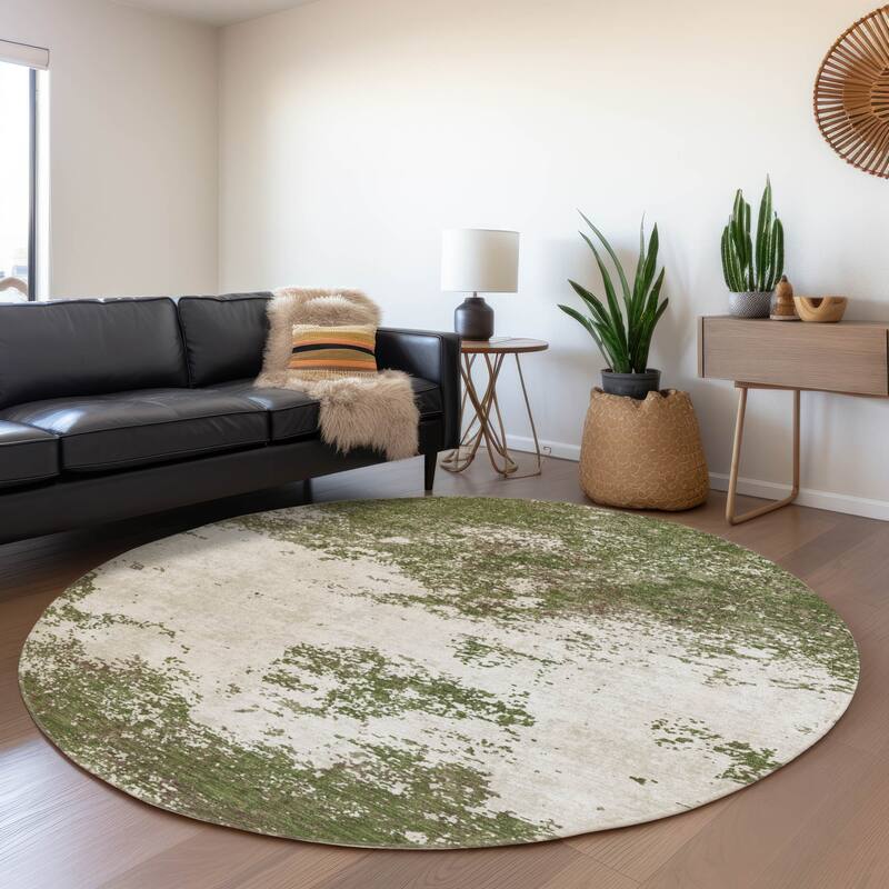 Machine Washable Indoor/ Outdoor Abstract Pixels Chantille Rug - Olive - 8' x 8'