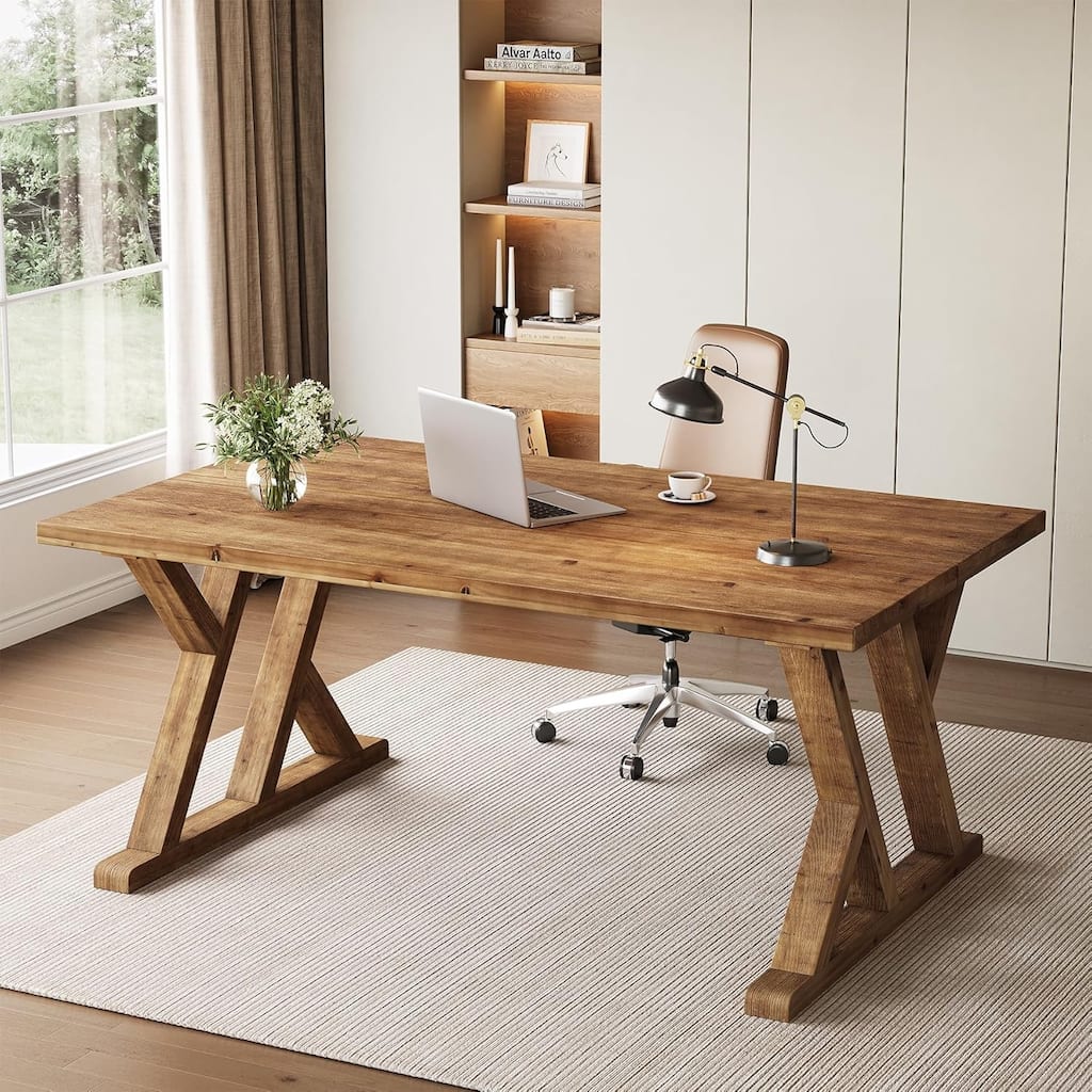 63-Inch Solid Wood Farmhouse Executive Desk, Large Office Desk for Home Office