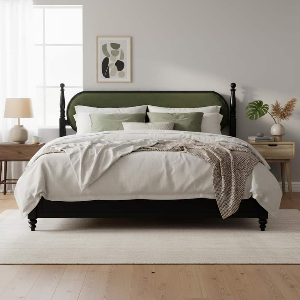 Roomfitters Queen Spindle Platform Bed Frame Rounded Upholstered Headboard Vintage Style Mattress Foundation, Black+Green