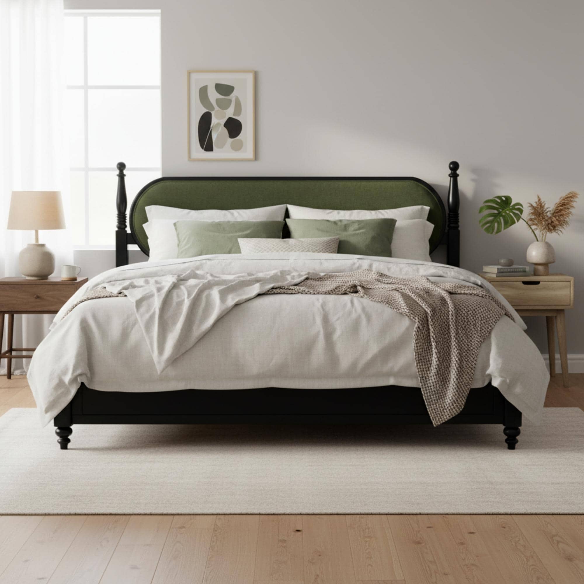 Roomfitters Queen Spindle Platform Bed Frame Rounded Upholstered Headboard Vintage Style Mattress Foundation, Black+Green