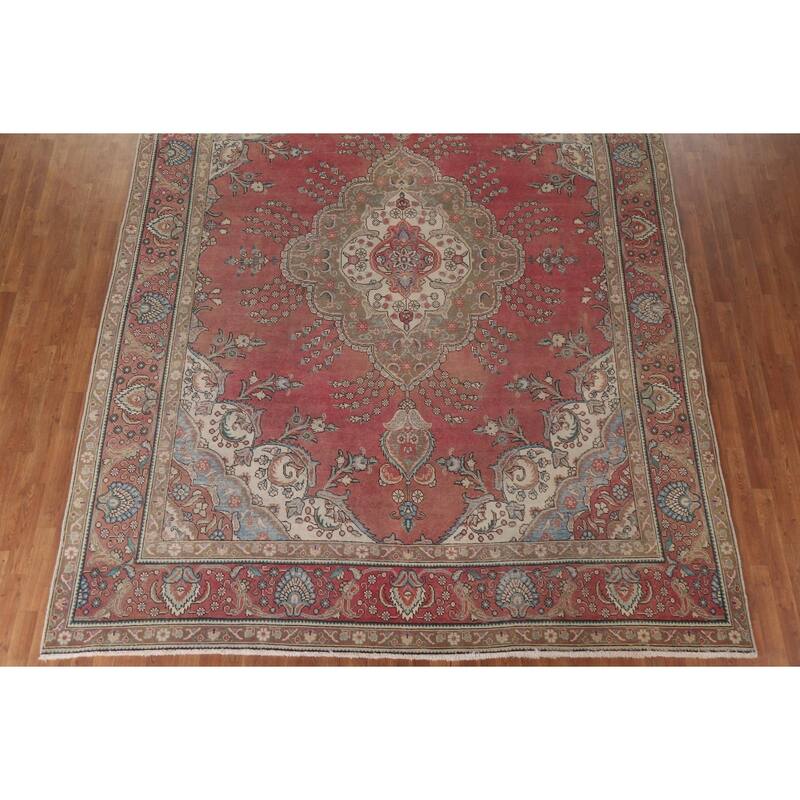 Hand Knotted Oriental 100% Wool Carpet Traditional Floral Pink Tabriz Area Rug - 12' 10'' X 9' 7''