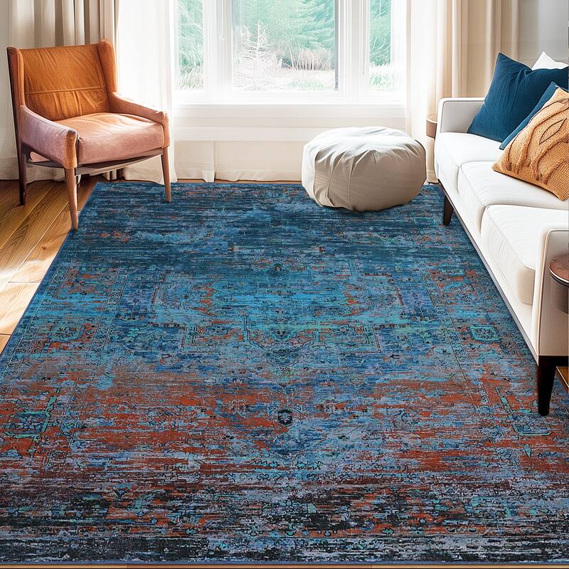 Ombre Vintage Area Rug Distressed Washable Living Room Bedroom Rug Indoor Carpet Ultra-Thin Soft Rug Non-Slip