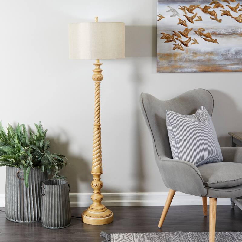 Brown Polystone Turned Style Floor Lamp with Drum Shade - Brown