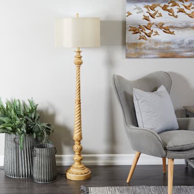 Brown Polystone Turned Style Floor Lamp with Drum Shade