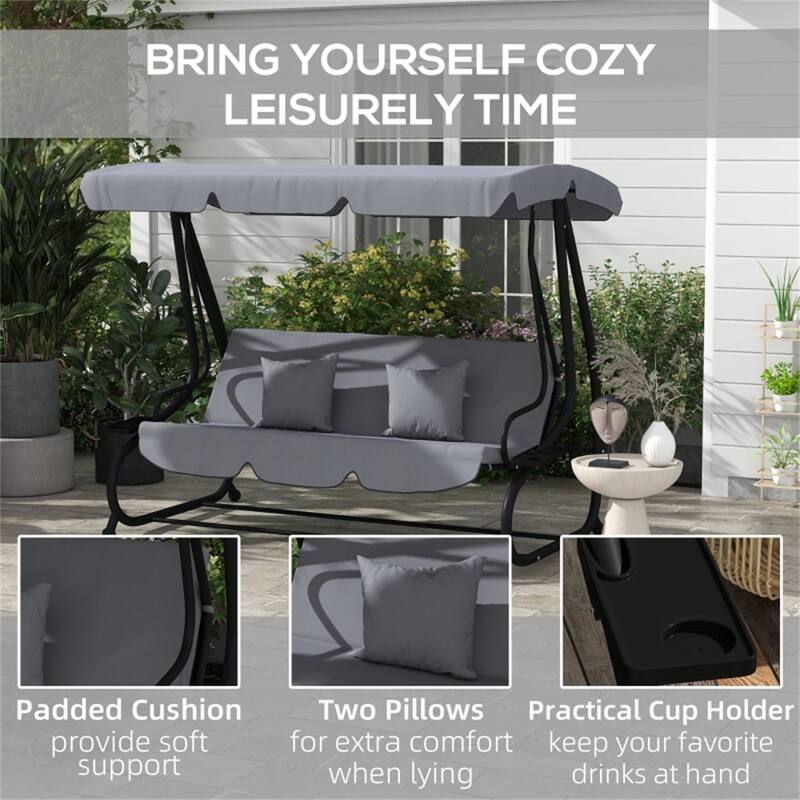 Convertible Patio Swing Bench with Steel Frame and Soft Cushions Pillows Canopy and Cup Holders - 78.75" L x 47.25" W x 64.5" H