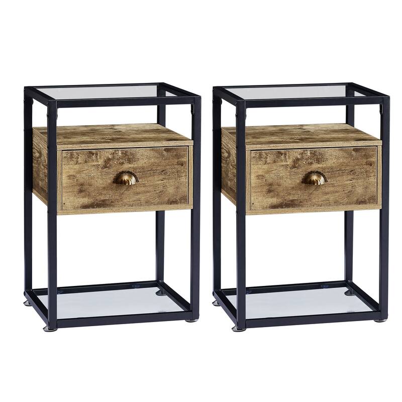 Javlergo Set of 2 Tempered Glass Nightstand with 1-Drawer and Open Shelf