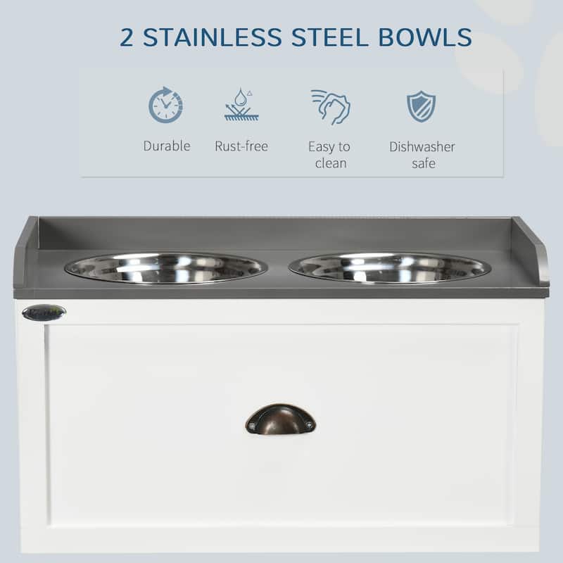 PawHut Dog Feeding Station with Storage Drawer, Removable Elevated Dog Bowls for Large Sized Dogs, White and Black