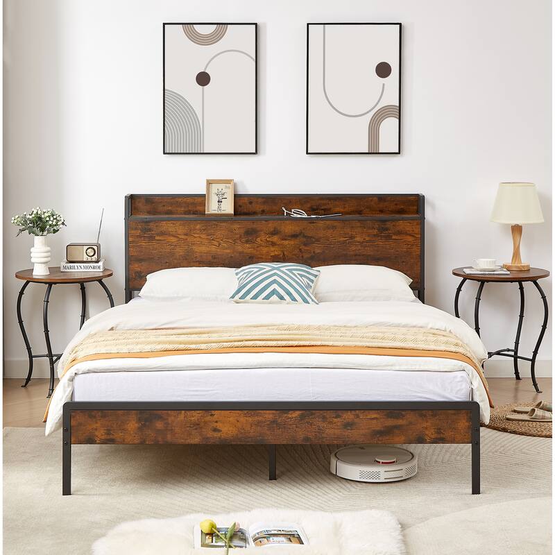 Platform Bed with 2 USB Ports, Power Outlets, and Storage Headboard - 1000 LB Capacity.