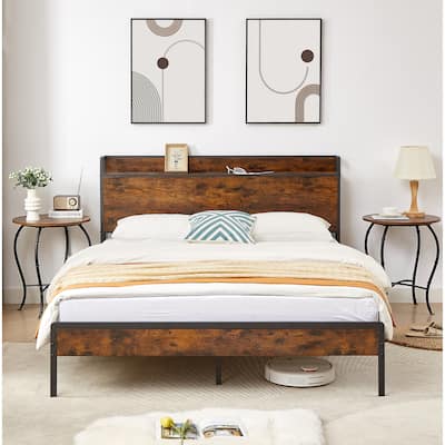 Platform Bed with 2 USB Ports, Power Outlets, and Storage Headboard - 1000 LB Capacity.