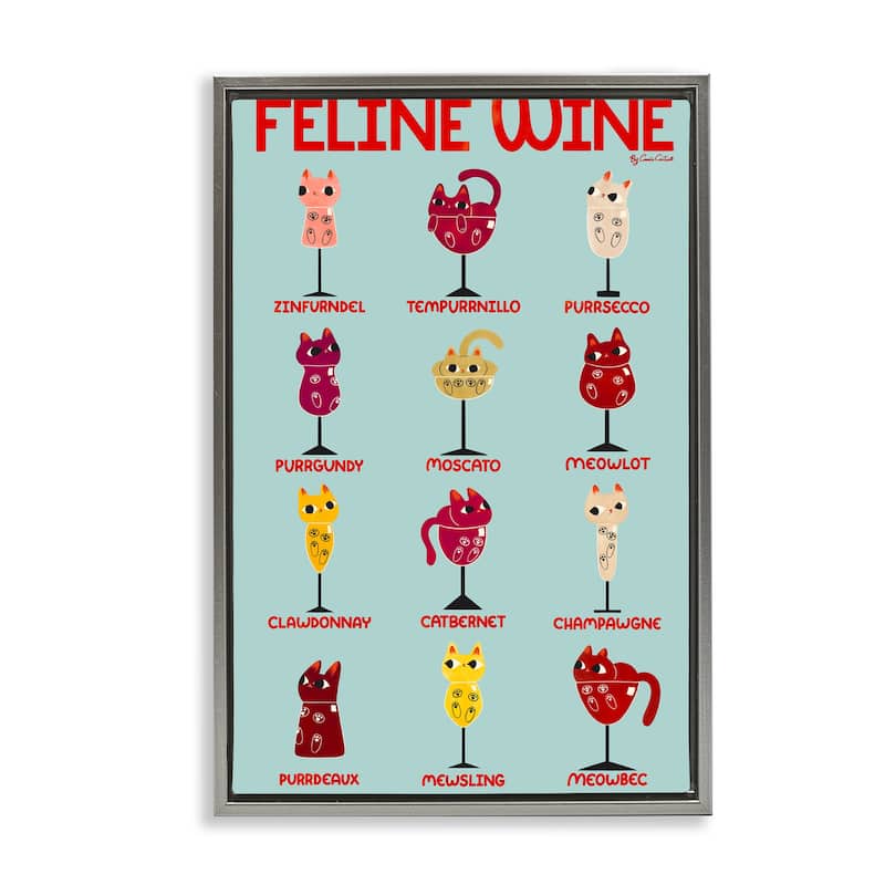 Stupell Clever Feline Wine Drinks Framed Floater Canvas Wall Art Design By Carrie Cantwell - 21 x 31 - Grey