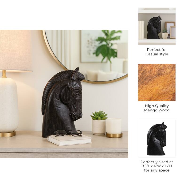 Mango Wood Trojan Horse Head Sculpture Rustic Finish - 16" Black - 9.5" x 4" x 16"
